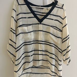 White and navy striped silk blouse